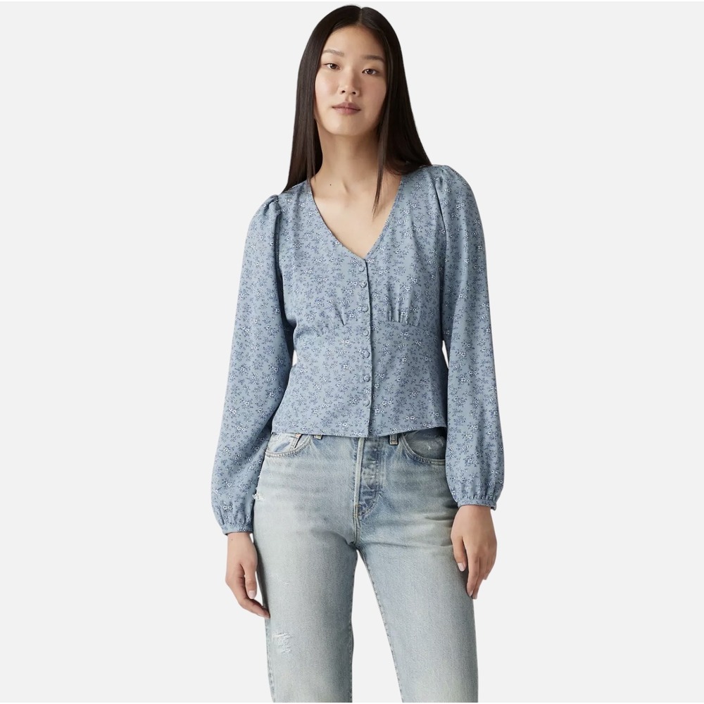 Levi's Dolores Women's XL Blue Floral Tie Back Blouse Long Sleeve V-Neck NWOT